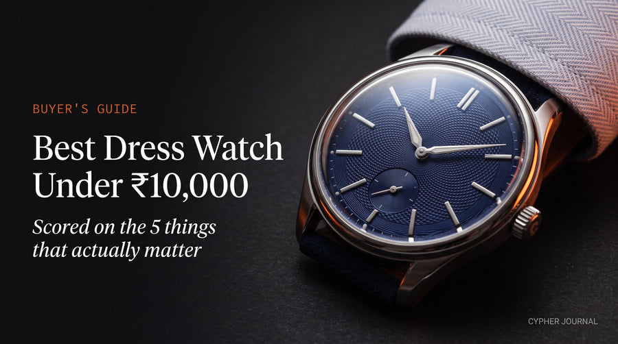 Best dress watch under ₹10,000 in India — elegant steel dress watch with a domed sapphire crystal and guilloché dial on a dark surface, scored buyer's guide