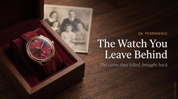 The Cypher Legacy heirloom dress watch — vintage-inspired steel watch with a domed box sapphire crystal and guilloché dial resting in a keepsake box, built to be passed down