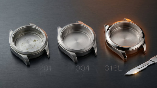 What is 316L surgical steel — three grades of stainless steel watch cases compared showing 201 304 and 316L surgical grade used in premium chronographs