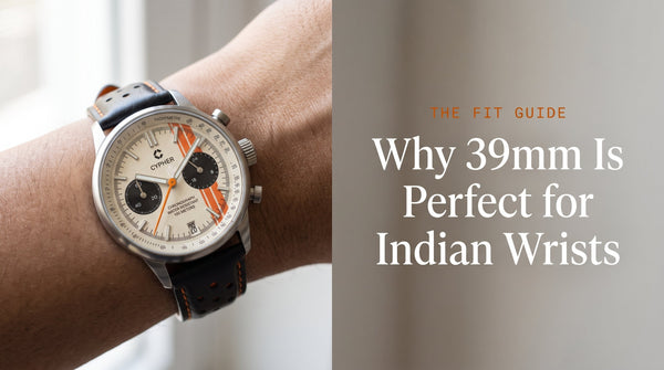 A 39mm racing chronograph sitting perfectly balanced on a medium Indian wrist, showing ideal watch proportions