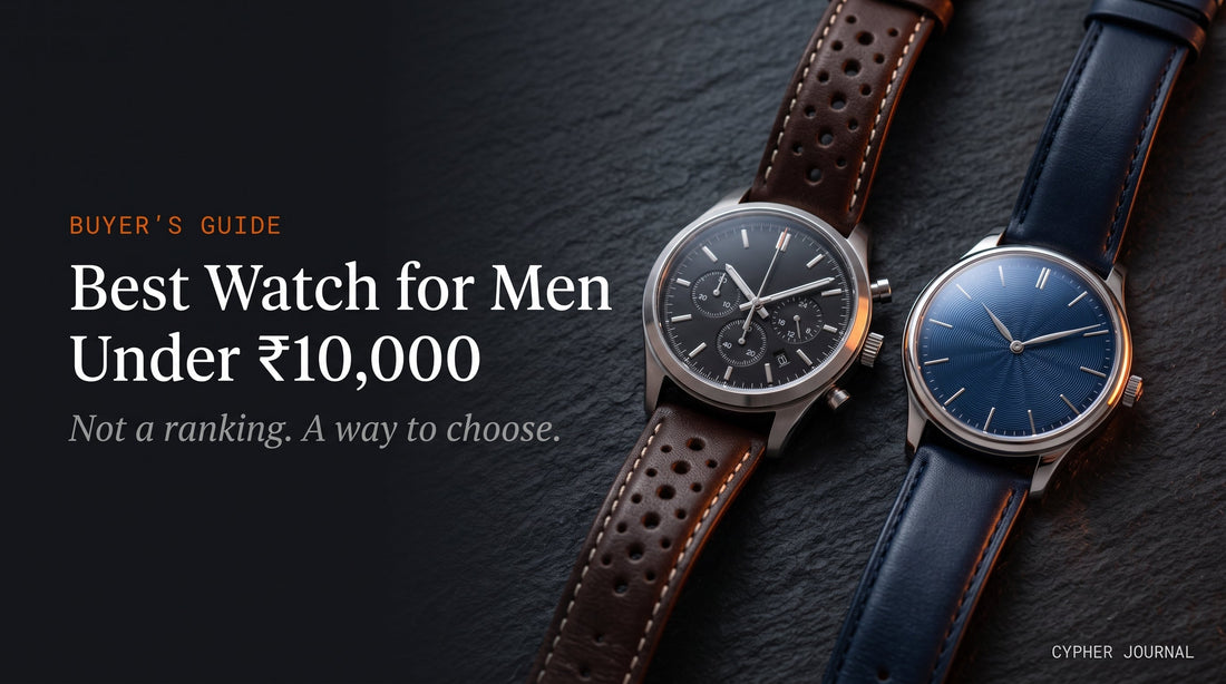 Best watch for men under ₹10,000 in India — a steel chronograph and a navy dress watch side by side on a dark surface, honest buyer's guide