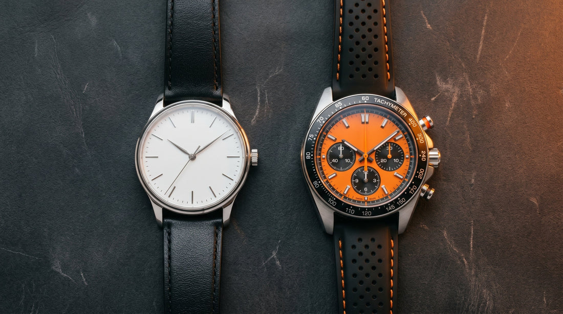 Chronograph vs regular three-hand watch comparison — two watches side by side showing the difference between a chronograph and a standard timepiece