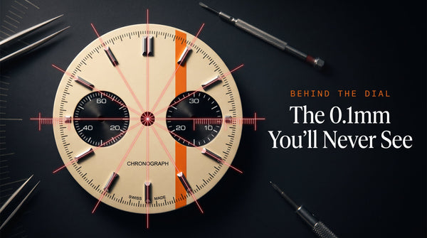 Cypher Paddock 74 chronograph dial under a precision centering grid inspection, red measurement lines checking concentricity and print alignment