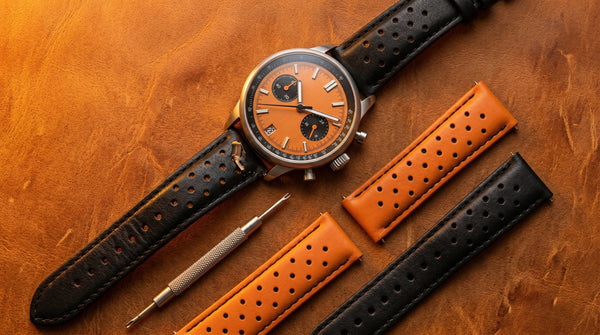 How to change a watch strap — step by step guide showing quick-release spring bar mechanism on leather rally strap