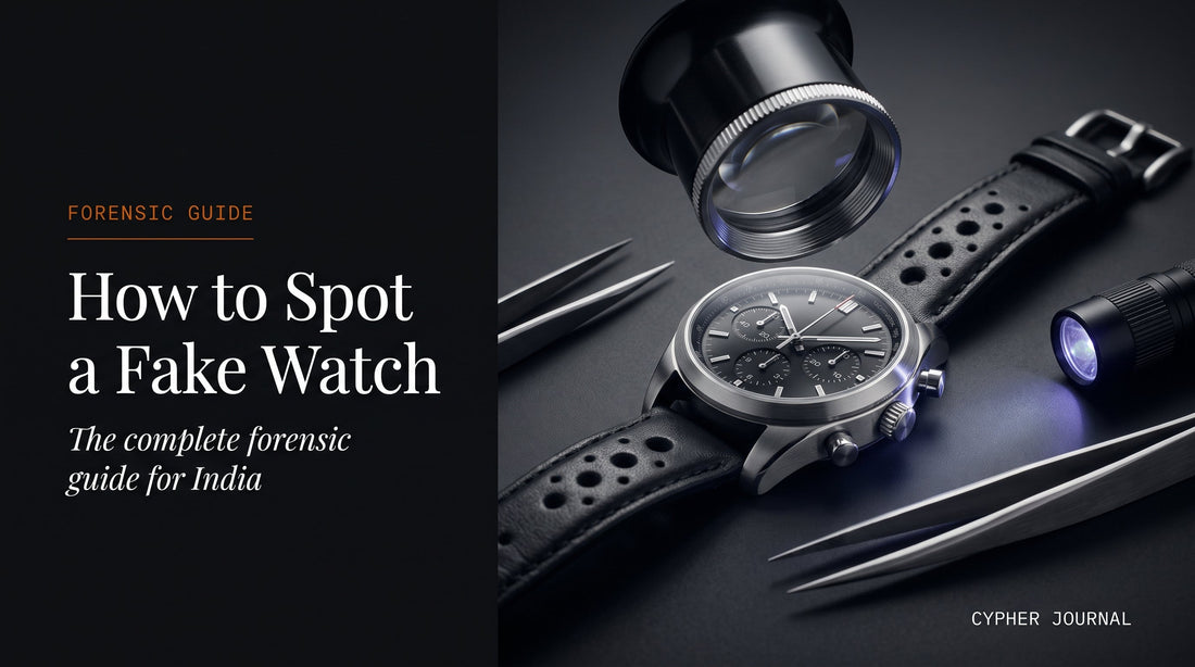 How to spot a fake watch in India — forensic inspection of a chronograph under magnifying loupe showing dial print alignment and caseback engraving checks