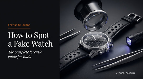 How to spot a fake watch in India — forensic inspection of a chronograph under magnifying loupe showing dial print alignment and caseback engraving checks