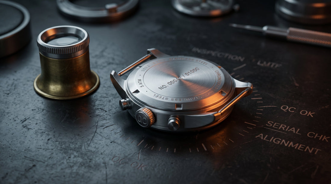 How to spot a quality watch under 15000 rupees — 10 second quality checklist showing caseback crown crystal and strap details