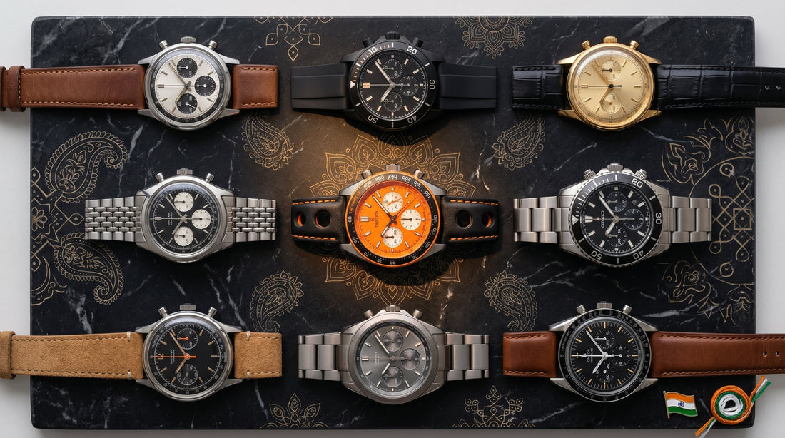 Indian watch brands 2026 — collection of Indian-made chronographs and watches representing the new wave of Indian horology