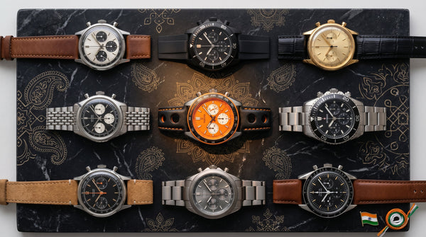 Indian watch brands 2026 — collection of Indian-made chronographs and watches representing the new wave of Indian horology