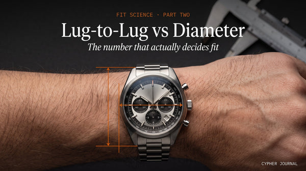 Lug-to-lug vs case diameter explained — top-down diagram of a chronograph on a wrist showing lug span measurement versus case diameter and how lug-to-lug decides watch fit