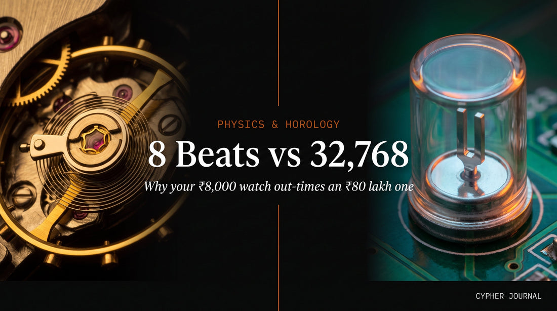 Quartz vs Rolex accuracy explained — quartz crystal oscillator at 32,768 Hz beside a mechanical balance wheel at 4 Hz showing why quartz watches keep better time