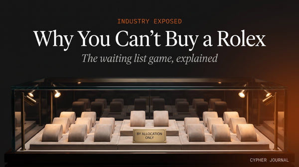 Why you can't buy a Rolex at retail — empty luxury watch display case under boutique spotlights explaining the waiting list and artificial scarcity