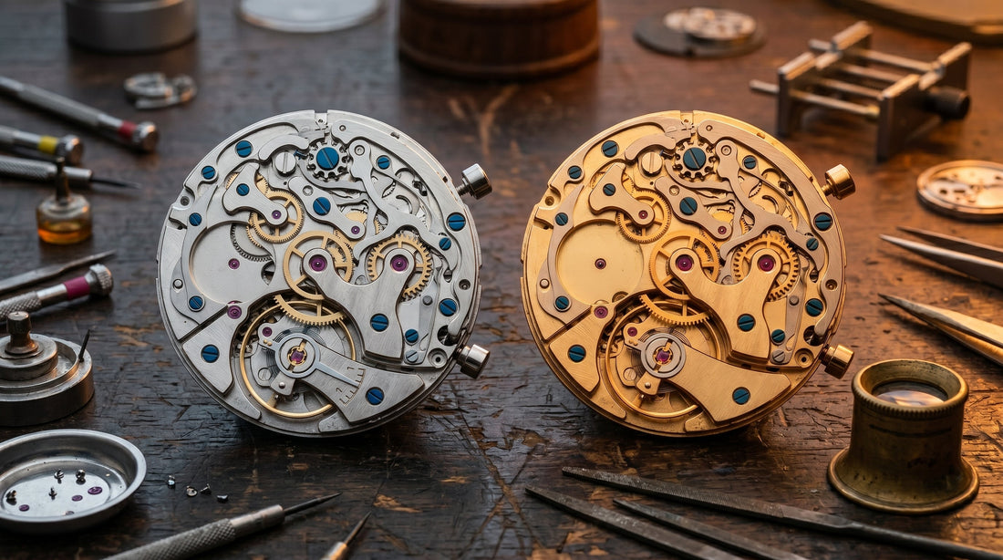 Seiko VK63 vs VK64 meca-quartz movement comparison showing three-subdial vs two-subdial chronograph layout