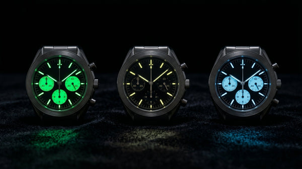 What is SuperLuminova — watch lume guide showing C1 C3 and BGW9 grades glowing green blue and white on chronograph watch dials in darkness