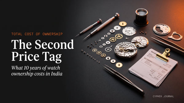 Watch service cost in India explained — watchmaker's bench with disassembled automatic movement, oils and tools beside a stack of service bills showing the 10-year cost of watch ownership