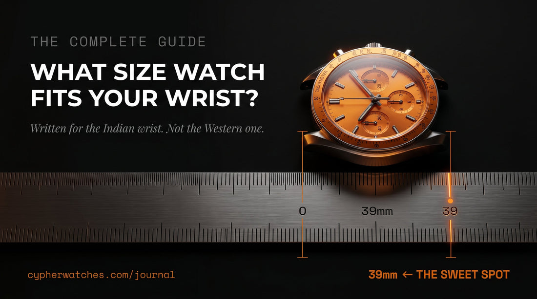Complete watch size guide for Indian wrists showing how different case diameters from 36mm to 46mm look on a 6.5 inch wrist