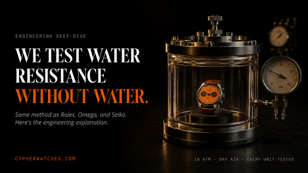 Water resistance testing without water explained — dry air pressure testing method used by Rolex Omega Seiko and Cypher Watch Company for 100m rated watches