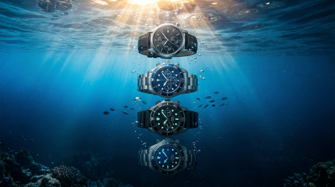 Water resistance in watches explained — four depth levels 30m 50m 100m and 200m showing what each ATM rating means for swimming showering and diving