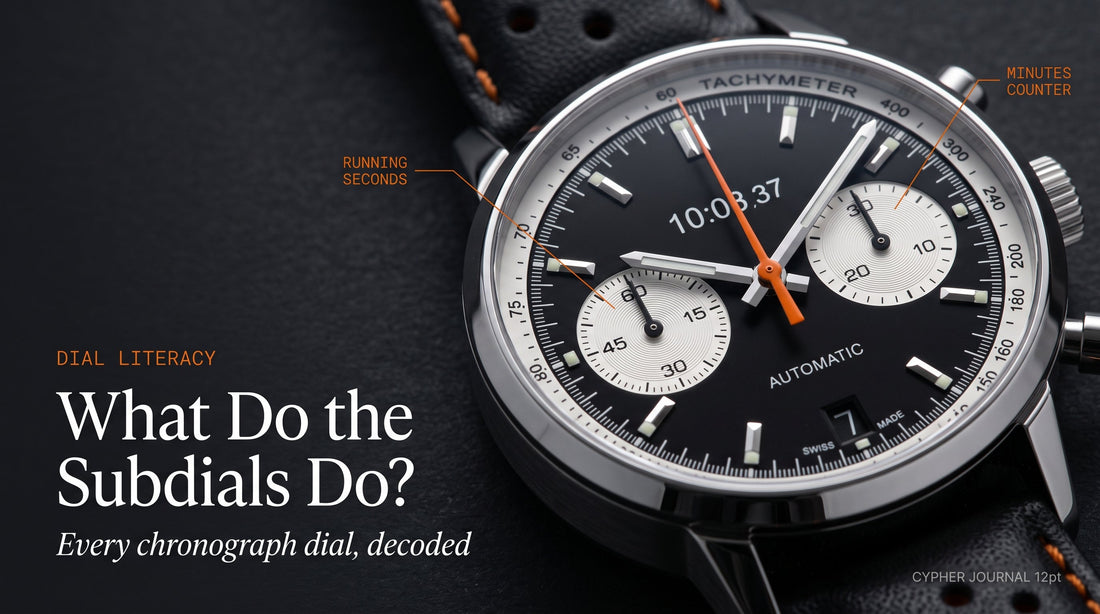What do watch subdials do — close-up of a two-register chronograph dial with running seconds and minute counter subdials labelled, explaining chronograph registers