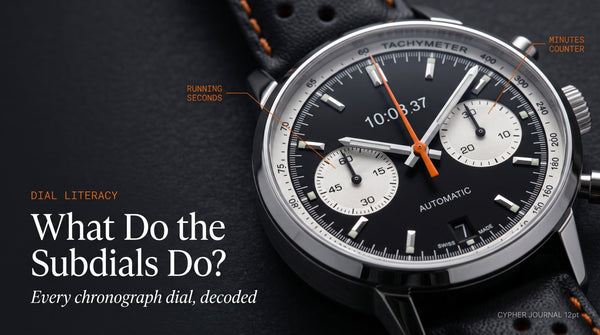 What do watch subdials do — close-up of a two-register chronograph dial with running seconds and minute counter subdials labelled, explaining chronograph registers