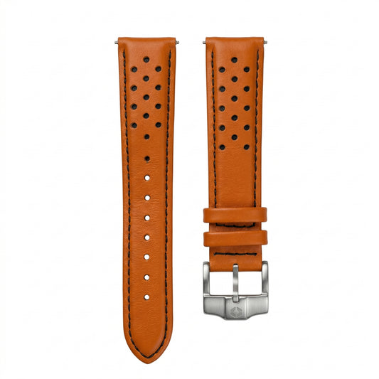 Paddock '74 Racing Strap — Orange Leather / Black Stitch