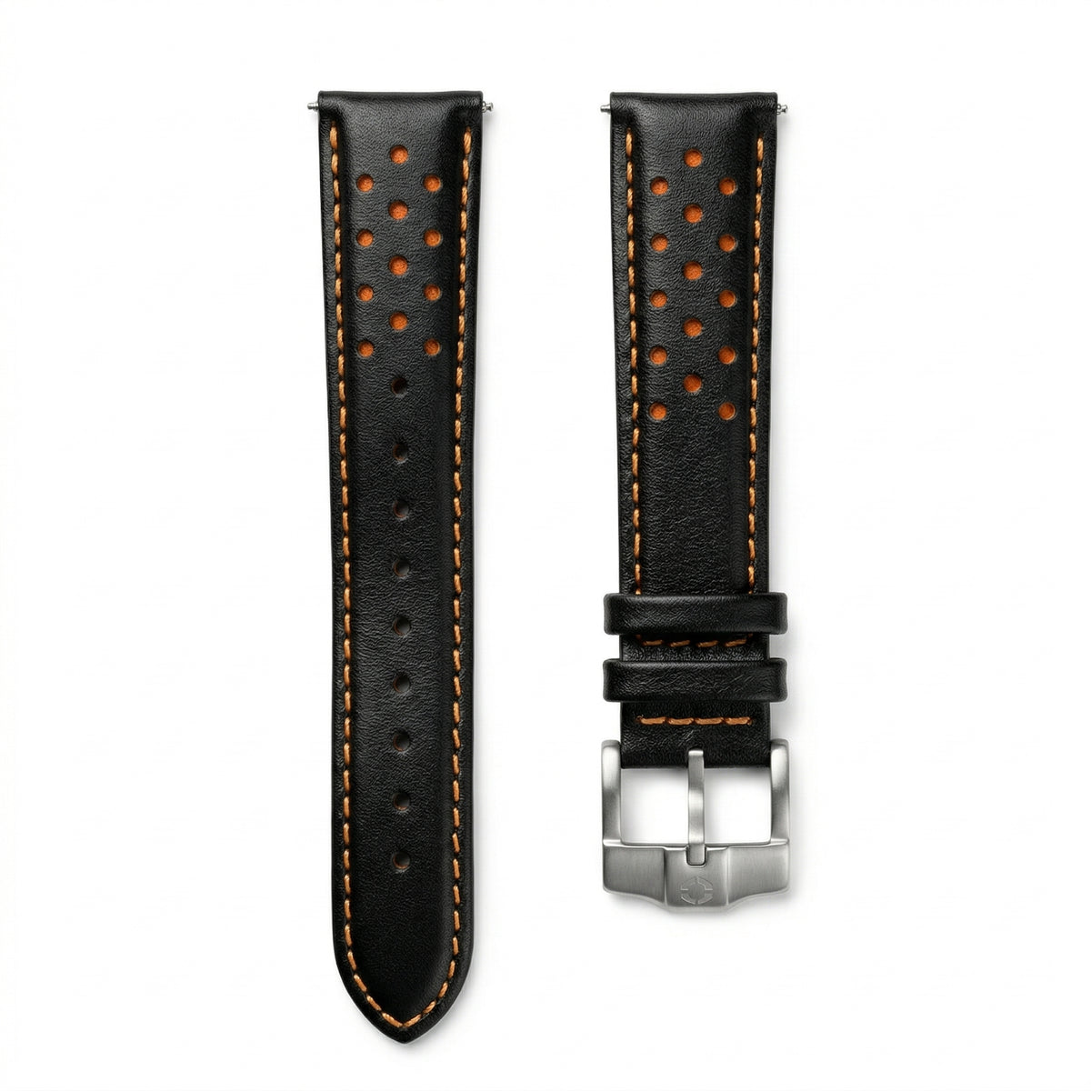 Paddock '74 Racing Strap — Black Leather / Orange Stitch