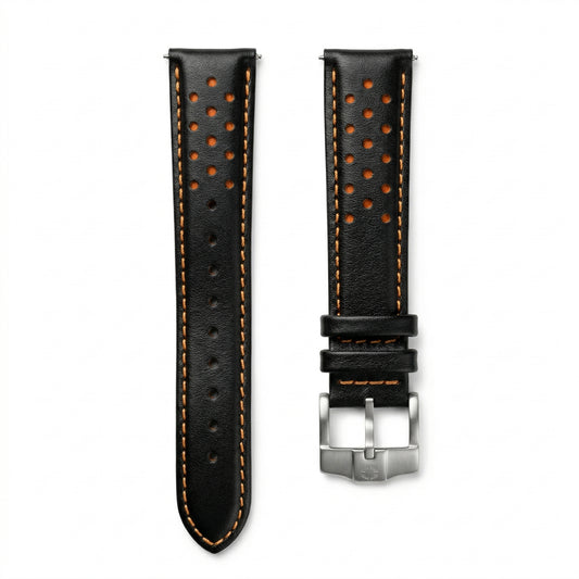Paddock '74 Racing Strap — Black Leather / Orange Stitch