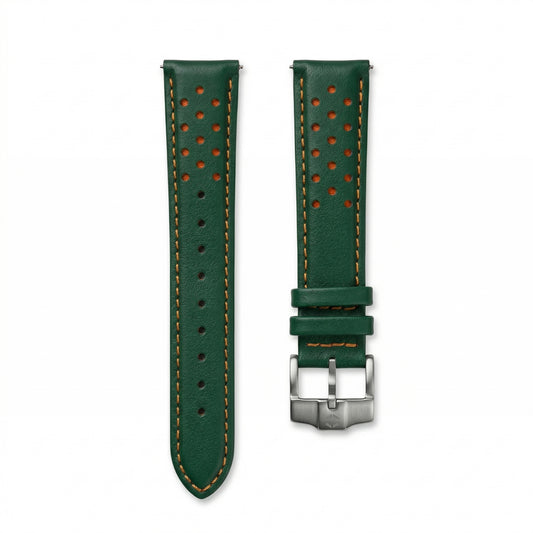Paddock '74 Racing Strap — Racing Green Leather / Orange Stitch