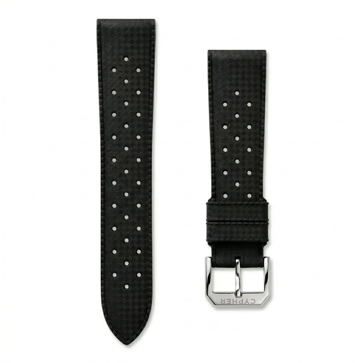 Cypher 20mm black rally-perforated silicone watch strap with quick release spring bars and polished stainless steel buckle