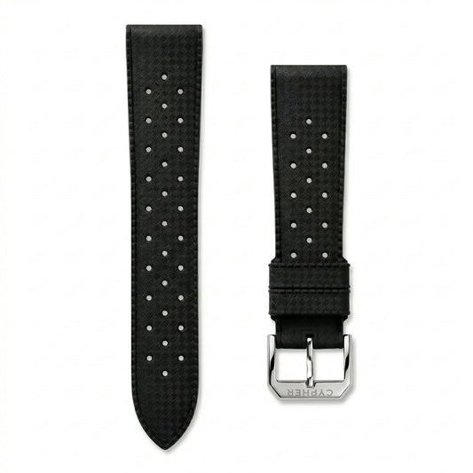 Cypher 20mm black rally-perforated silicone watch strap with quick release spring bars and polished stainless steel buckle