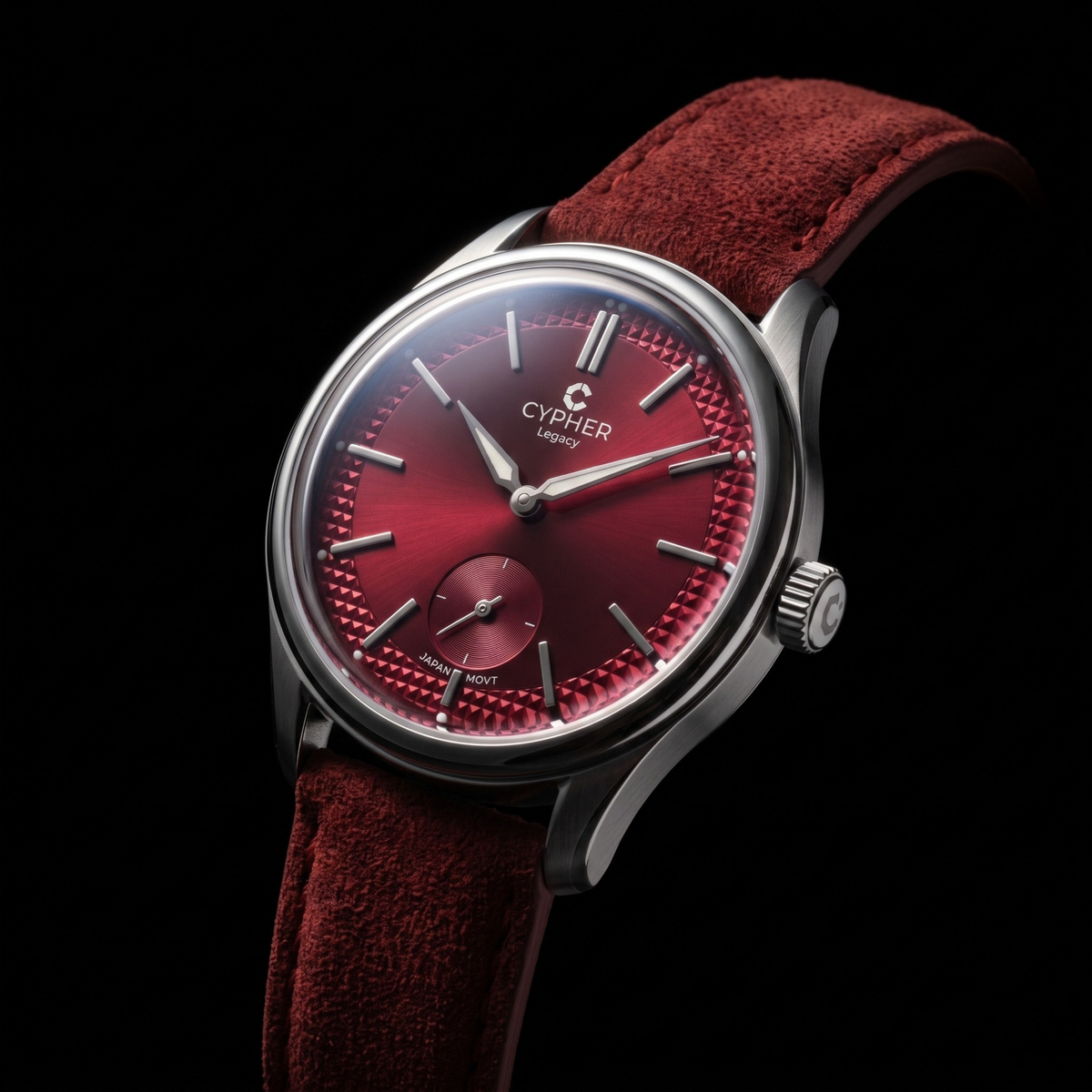 Cypher Legacy Bordeaux — Vintage Domed Dress Watch, Deep Red Dial — 3