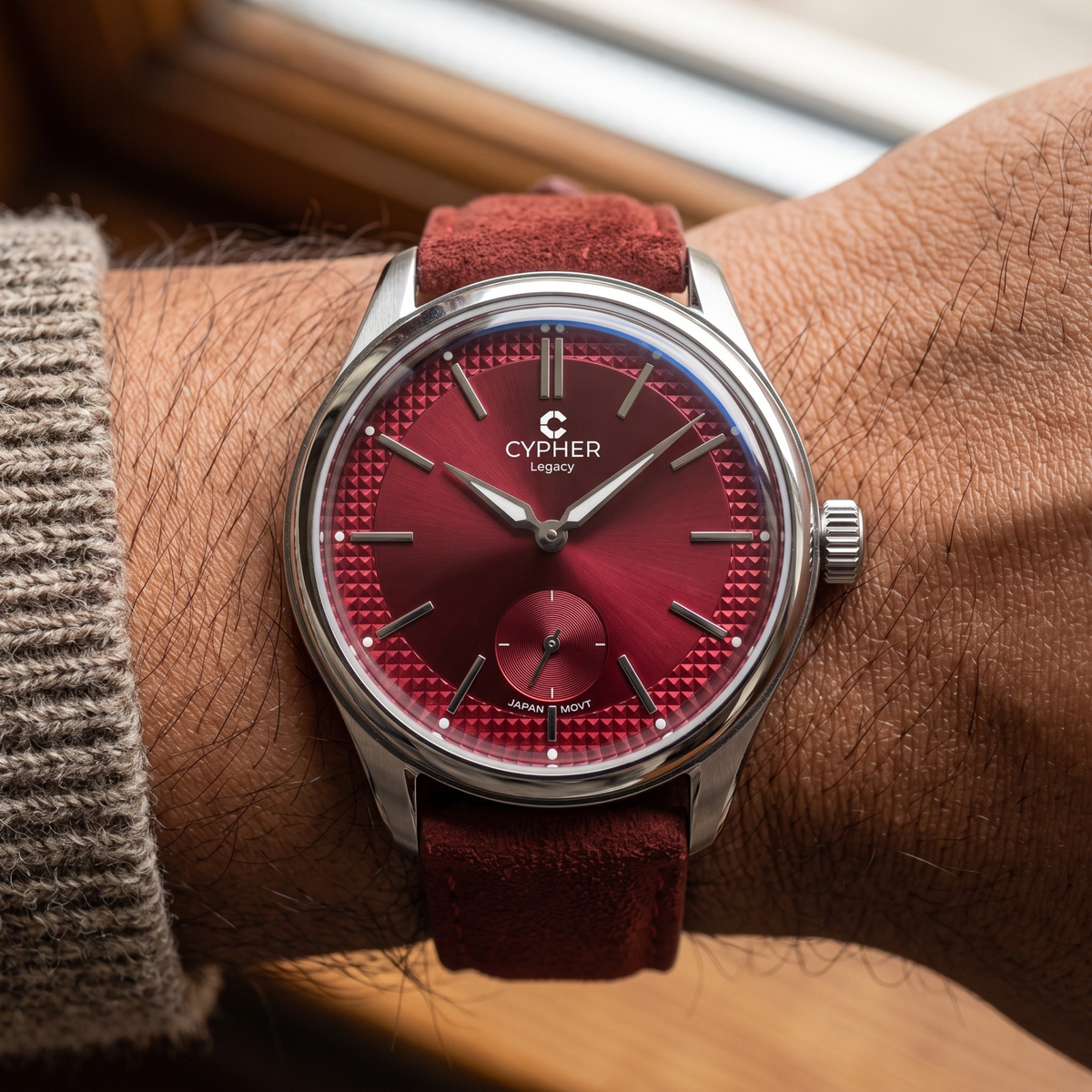 Cypher Legacy Bordeaux — Vintage Domed Dress Watch, Deep Red Dial — 2