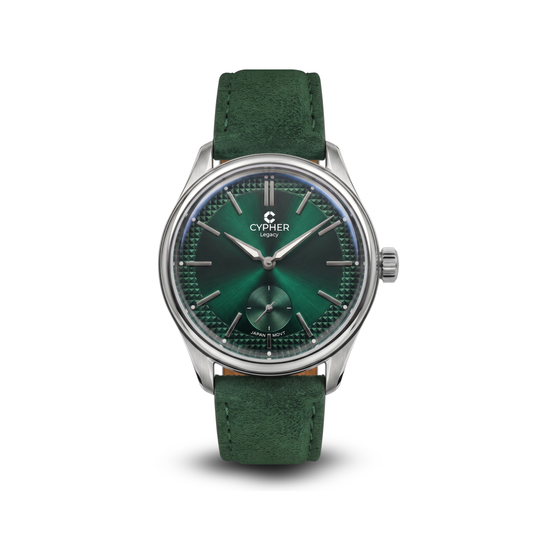 A CypHER London wristwatch with a green textured dial, silver-tone case, and a dark green suede strap, shown against a plain white background.