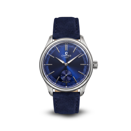A CypHER wristwatch with a deep blue textured dial, silver-tone case, and navy blue suede strap, shown against a plain white background.