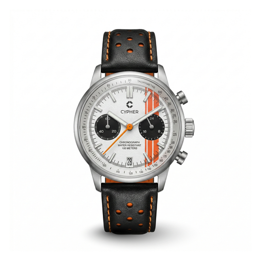 Cypher Paddock '74 Grand Prix Panda dial racing chronograph with a black perforated leather strap.