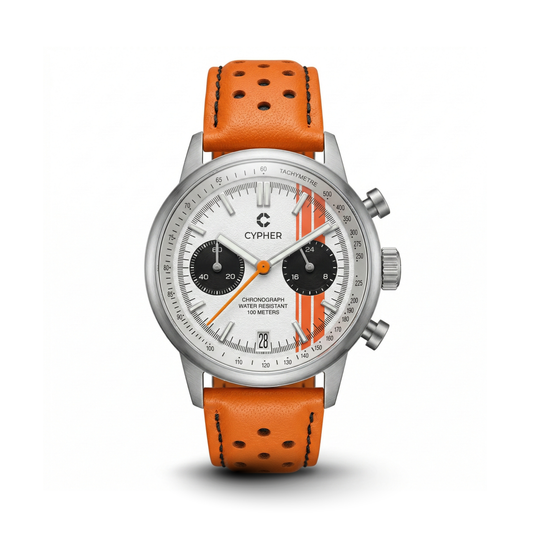 Cypher Paddock '74 Grand Prix Panda dial men's watch featuring an orange racing leather strap.