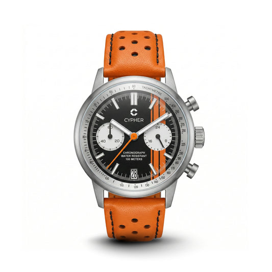 Cypher Paddock '74 Ignition Orange men's meca-quartz watch with an orange racing leather strap.