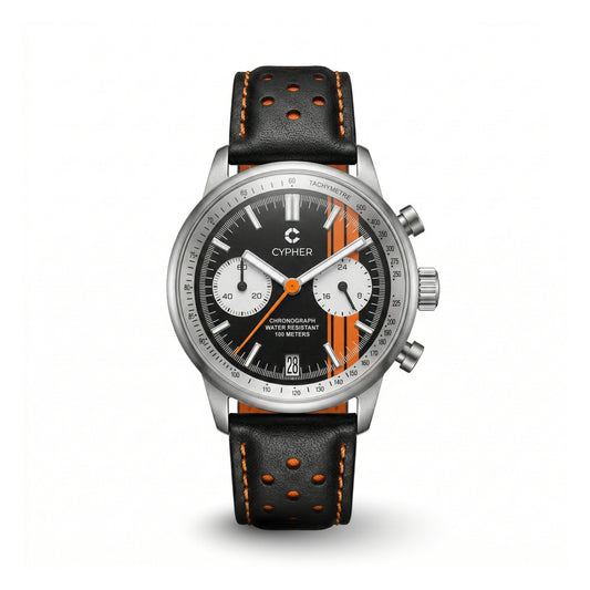 Cypher Paddock '74 Ignition Orange racing chronograph watch featuring a black perforated leather strap.