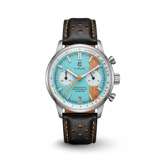 Cypher Paddock '74 Le Mans Blue racing chronograph featuring a black leather strap with orange stitching.