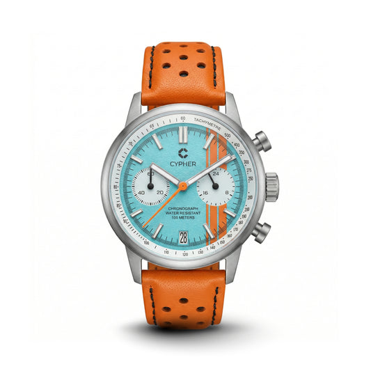 Cypher Paddock '74 Le Mans Blue chronograph watch paired with a vibrant orange perforated leather strap.