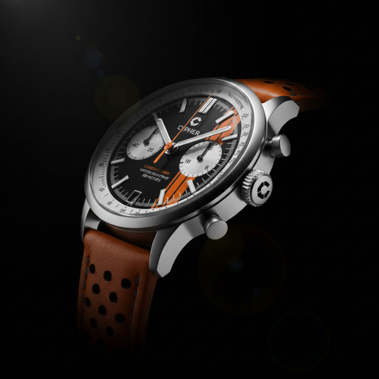 Cypher Paddock '74 racing chronograph watch with black dial, white sub-dials, orange vertical racing stripe, and perforated orange rally strap. Vintage-inspired meca-quartz motorsport timepiece.