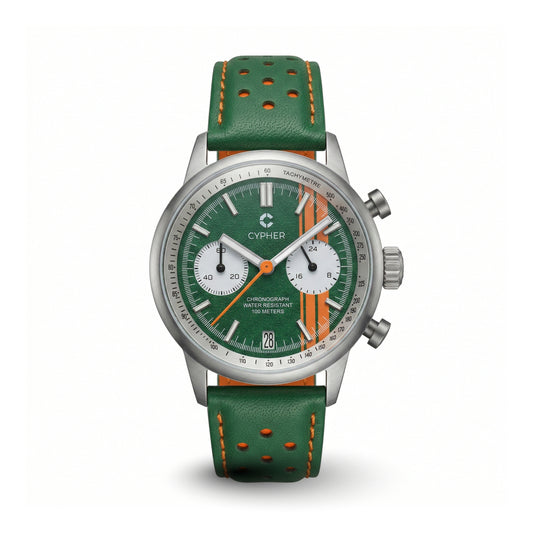 Cypher Paddock '74 Silverstone Green meca-quartz racing watch with a matching green perforated leather strap.