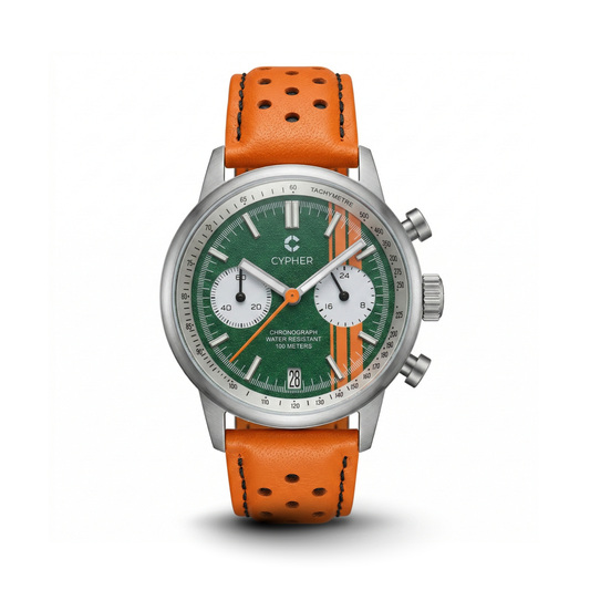 Cypher Paddock '74 Silverstone Green chronograph paired with an orange racing leather strap.