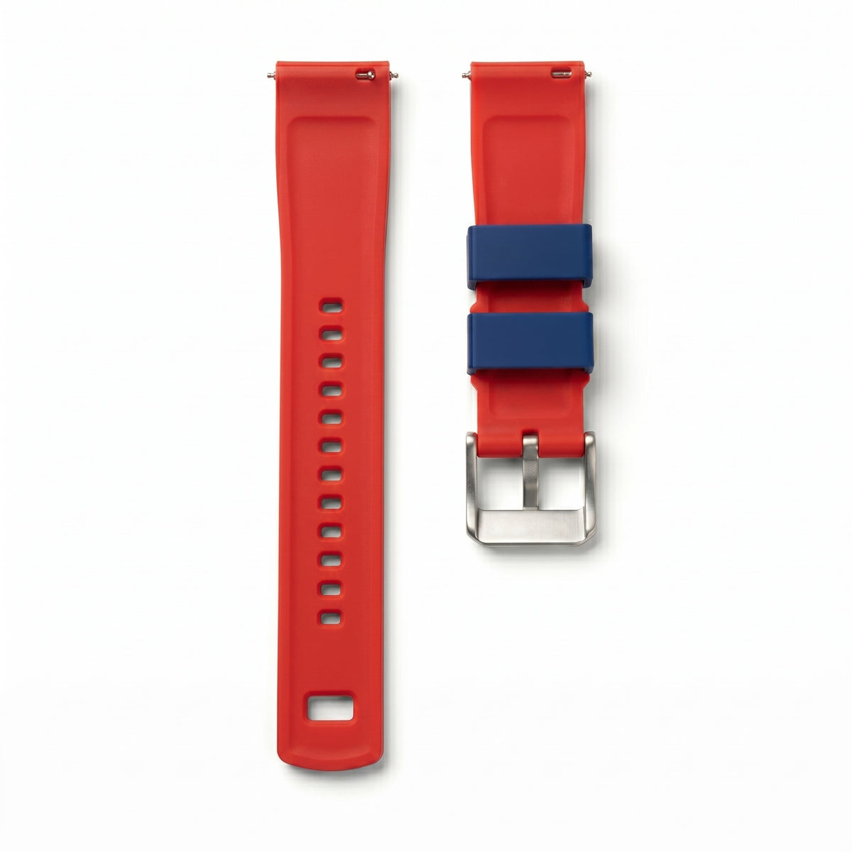 Cypher dual-tone silicone strap in Racing Blue showing red underside with navy keepers and brushed steel buckle — back view