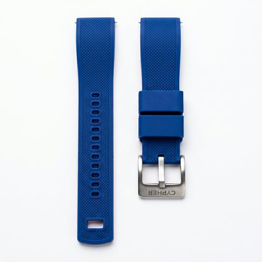 Cypher dual-tone silicone strap in Racing Blue with cross-hatch texture and brushed steel CYPHER buckle — front view