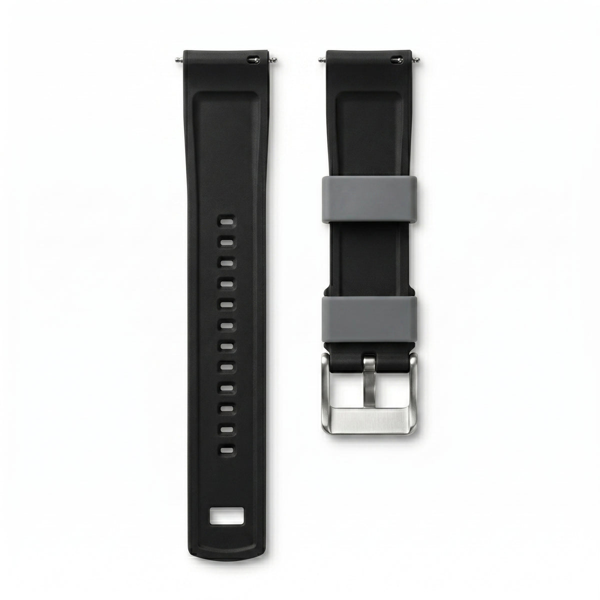 Cypher dual-tone silicone strap in Stealth Black showing grey keepers and brushed steel buckle — back view