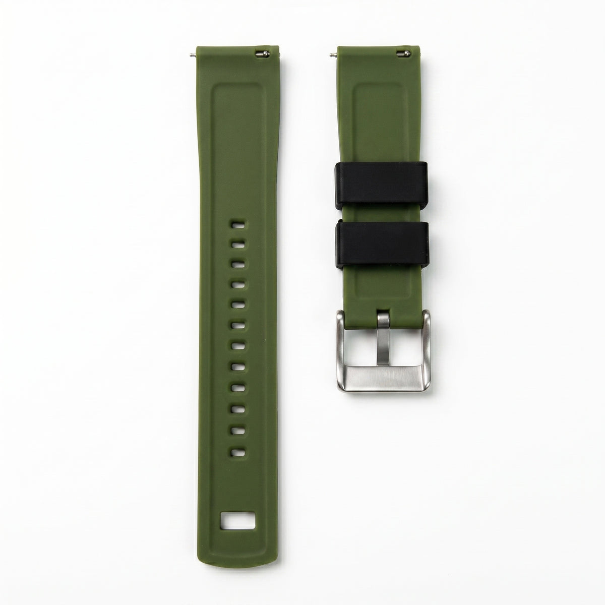 Cypher dual-tone silicone strap in Tactical Green showing grey textured underside and brushed steel CYPHER buckle — back view